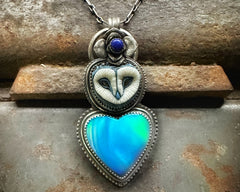 Barn Owl Necklace with Aurora Opal Heart