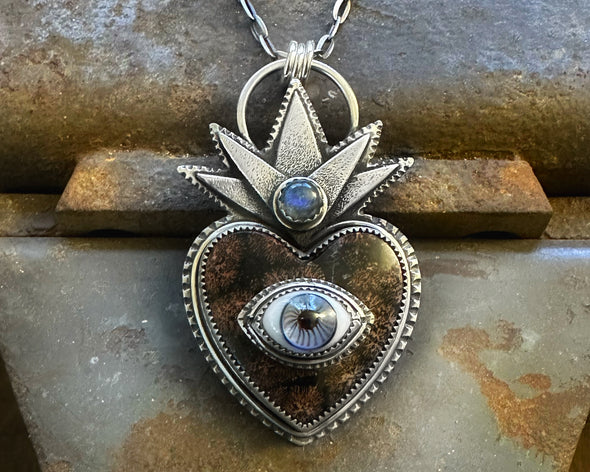 Fireworks Obsidian Sacred Heart with Blue Glass Eye and Labradorite