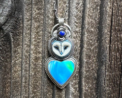 Barn Owl Necklace with Aurora Opal Heart