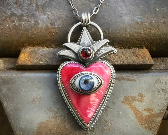 Pink Bowlerite Sacred Heart with Blue Eye and Garnet