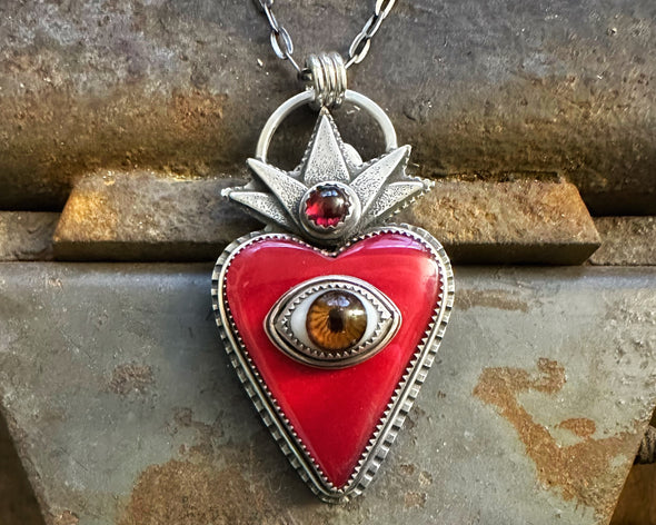 Red Bowlerite Sacred Heart with Brown Eye and Garnet