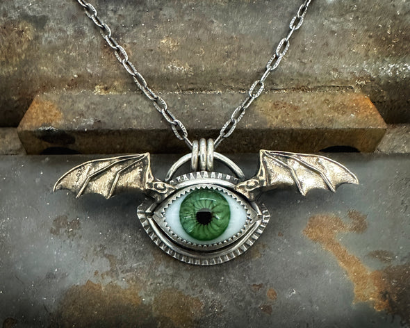 Bat Wing Flying Green Eye Necklace