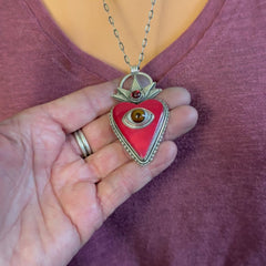 Red Bowlerite Sacred Heart with Brown Eye and Garnet