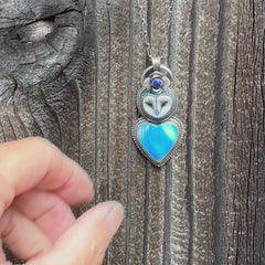 Barn Owl Necklace with Aurora Opal Heart